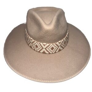 Wide Brim Felt Fedora‎ Hat with Woven Band Tan Beige Western Style